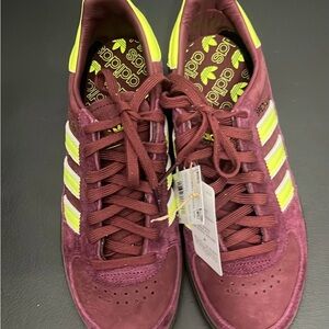 adidas Burgundy Suede Sneakers with Neon Yellow Stripes